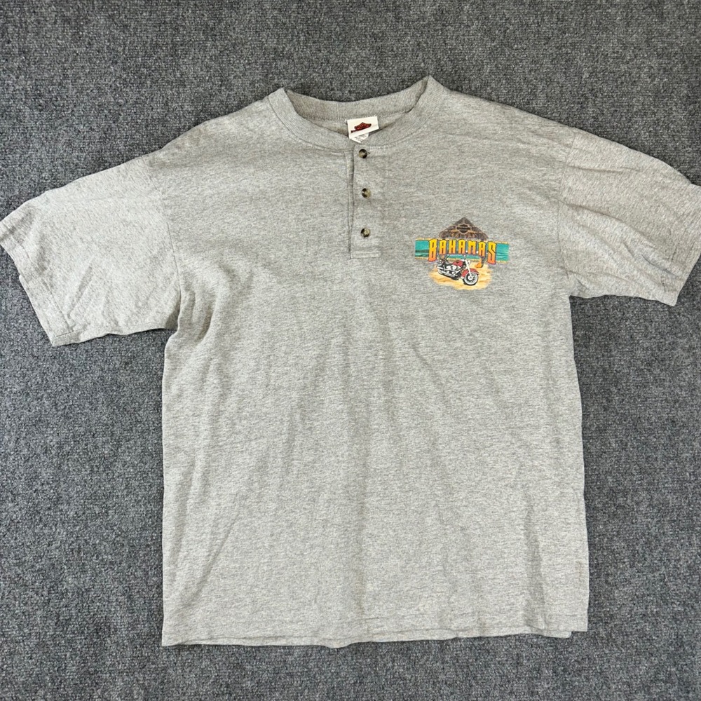 Harley-Davidson Nassau Bahamas Henley Shirt Mens Large Gray Short Sleeve Graphic